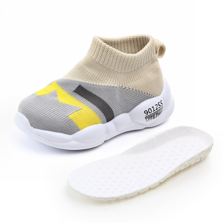 Kids slip-on knit sneakers, beige and gray with yellow stripe and white sole