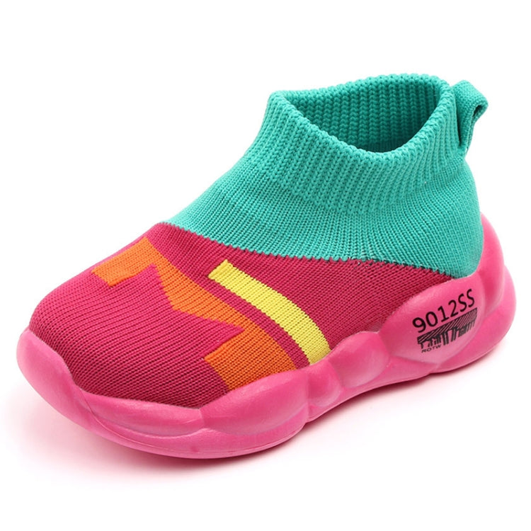 Kids slip-on breathable knit shoes, teal upper and pink sides with stripe pattern