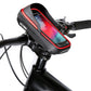 Red-trim black bike handlebar touch-screen bag mounted on bicycle