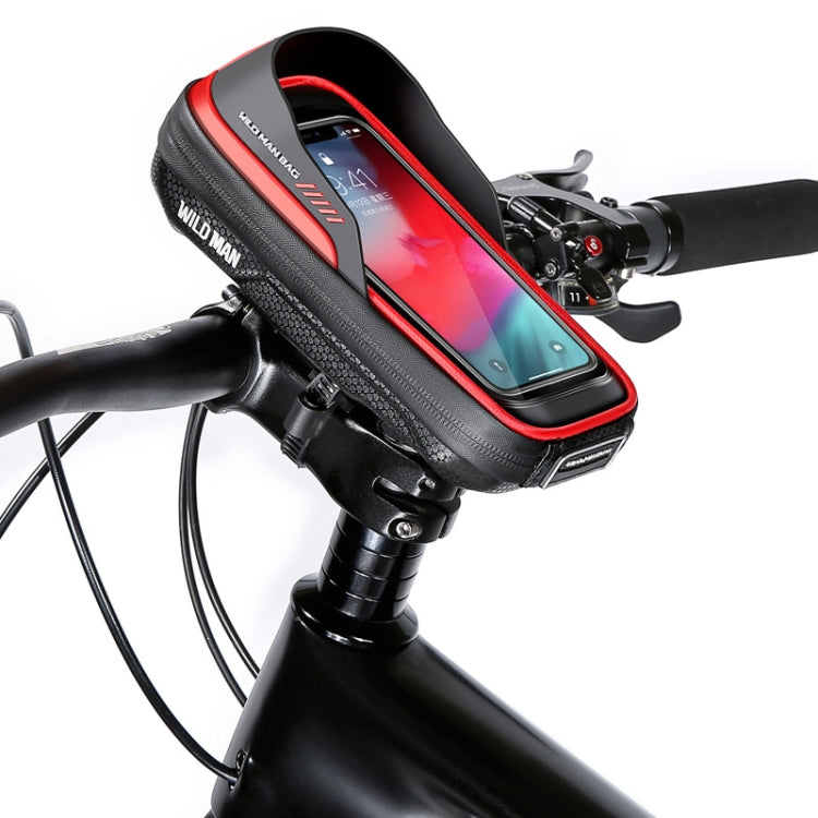 Red-trim black bike handlebar touch-screen bag mounted on bicycle