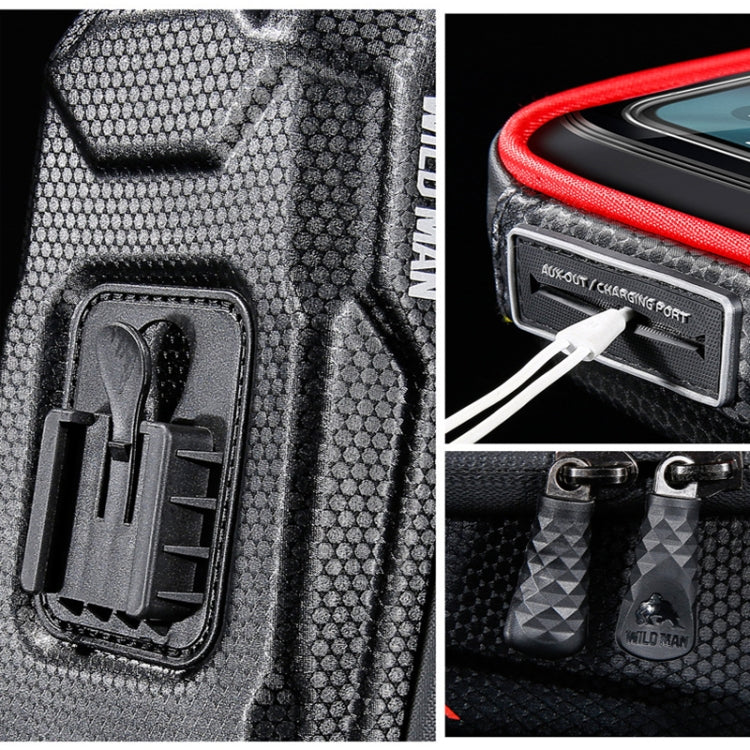 Bike handlebar bag close-up: charging port and accessory pocket with clips