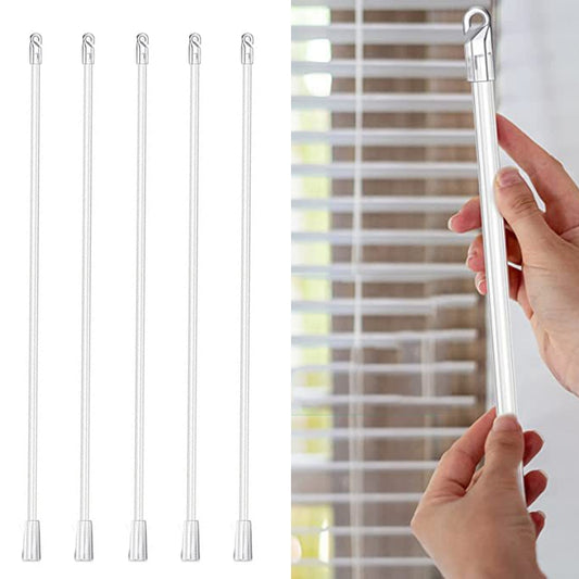Transparent acrylic blind wand with hook handle, held next to horizontal window blinds