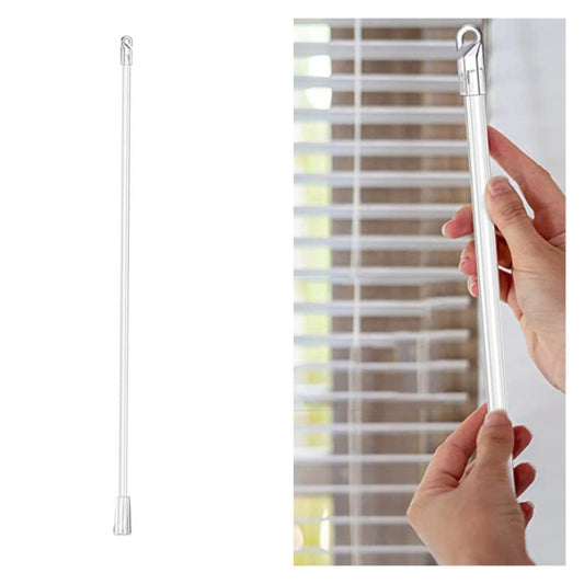Short transparent acrylic blind wand with hook handle, held against window blinds