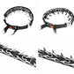 Black nylon pinch collar close-up showing chrome chain prongs and red buckle tab