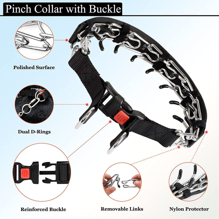 Pinch dog collar with reinforced buckle, removable links, nylon protector, chrome prong chain