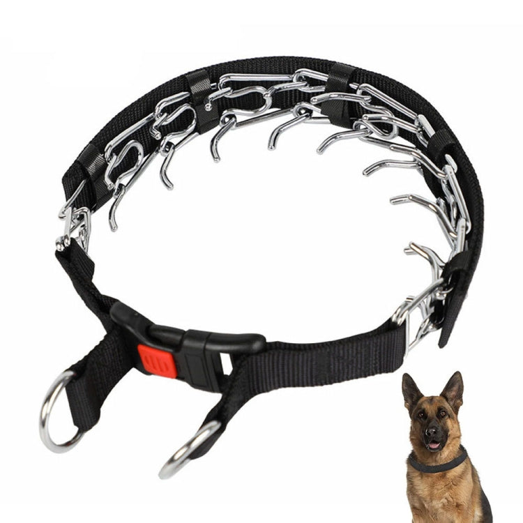 Black nylon pinch dog collar with curved chrome prong links and red buckle tab