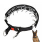 Black nylon pinch dog collar with chrome prong chain links and red buckle tab