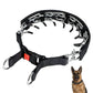 Black nylon pinch dog collar with chrome prong links, red buckle tab, dual metal rings