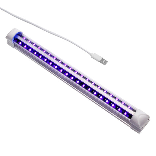 Purple-lit LED light bar with USB cable, slim white end caps and clear cover
