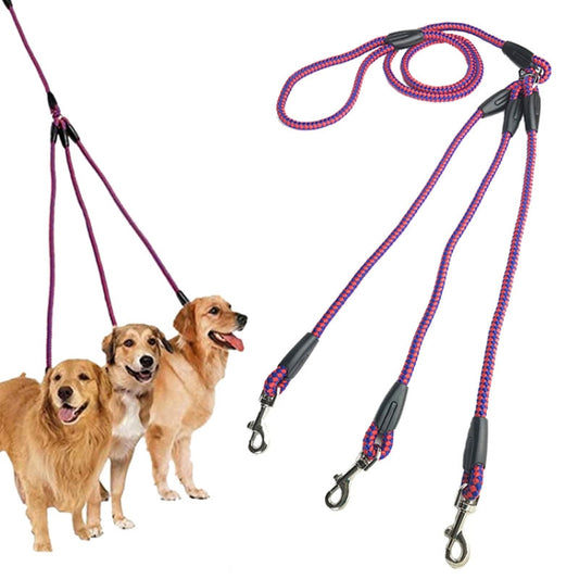3-way dog walking leash set with rose red braided ropes and metal clasps