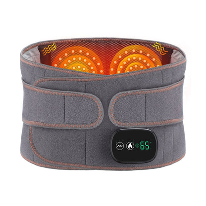 Gray heated lumbar massage belt with touchscreen controller and warm pad accents