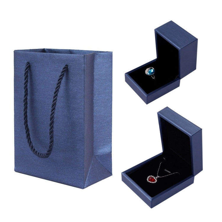 Blue PU leather jewelry gift bag and small jewelry boxes, each with jewelry inside