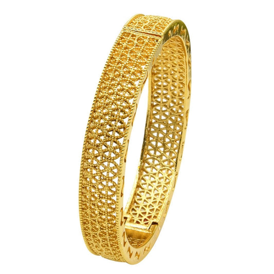 24K gold plated cuff bracelet with lattice diamond openwork on outer and inner band