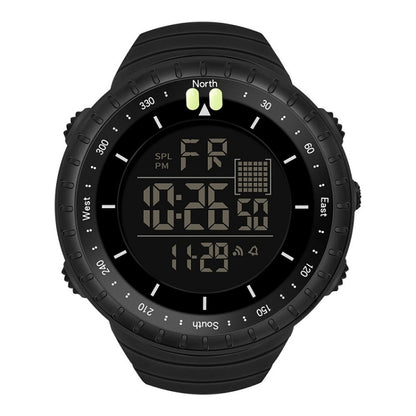 Men's electronic sports watch, black rubber strap and black digital LED display
