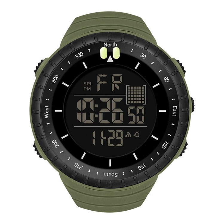 Men's electronic sports watch, green rubber strap and green digital LED display