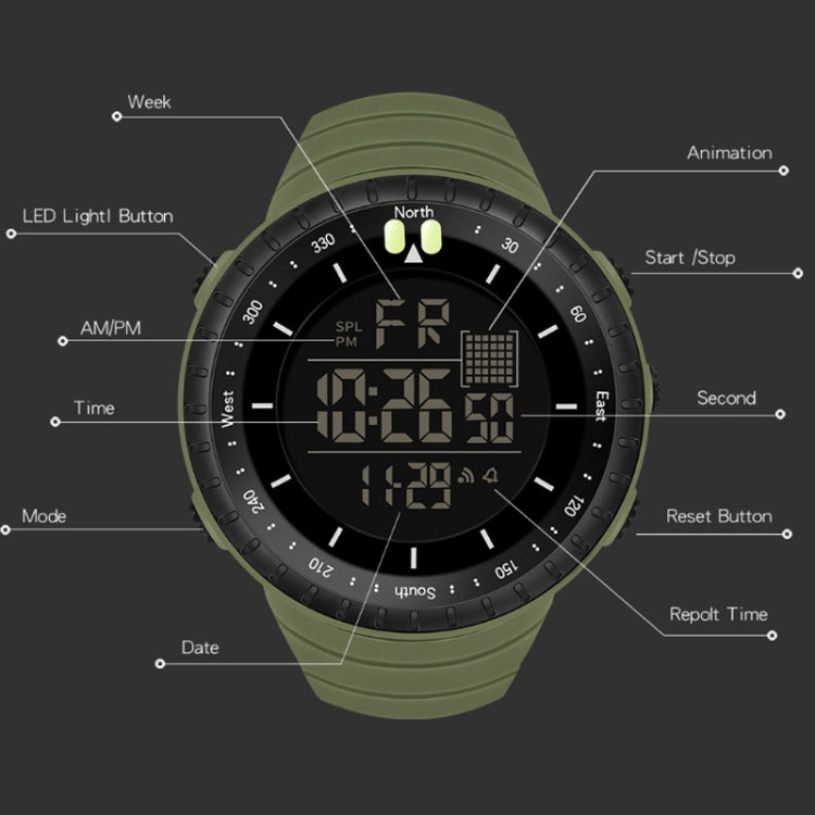 Men's electronic sports watch with green rubber strap and digital LED time display