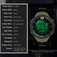 Men's electronic sports watch with green rubber strap and size measurement overlay