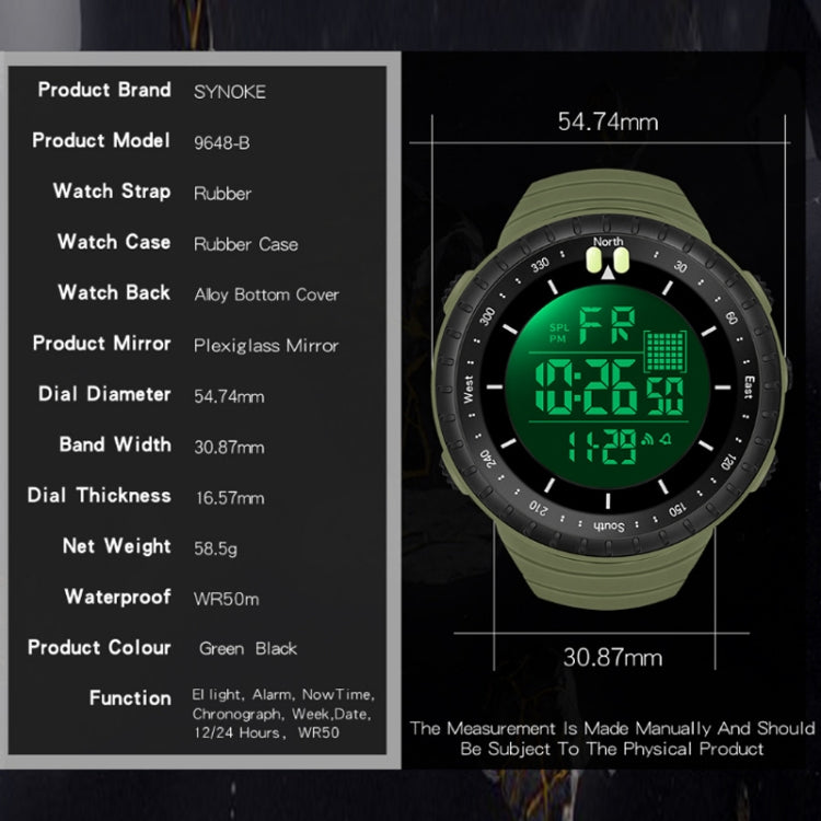 Men's electronic sports watch with green rubber strap and size measurement overlay