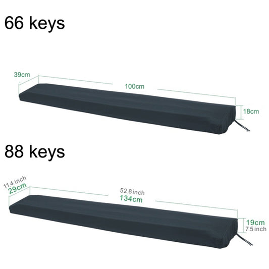 Black piano cover with drawstring, shown with size dimensions