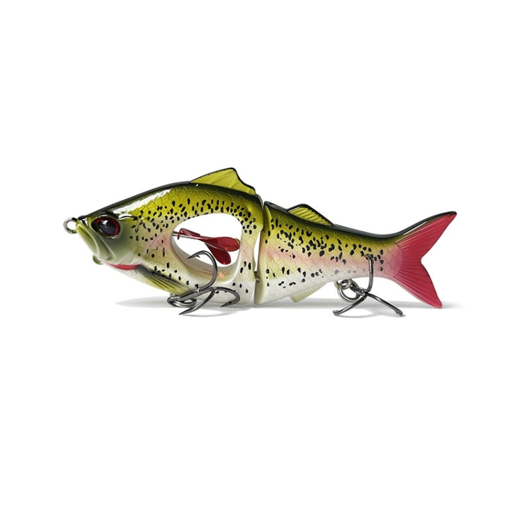 Multisection fishing lure in yellow-green with speckled pattern, red tail, metal hooks