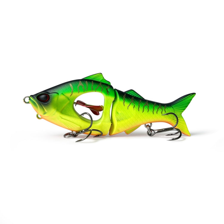 Multisection fishing lure in neon green with darker stripe pattern, red tail, metal hooks