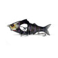 Multisection fishing lure in black-purple with mottled pattern, red tail, metal hooks