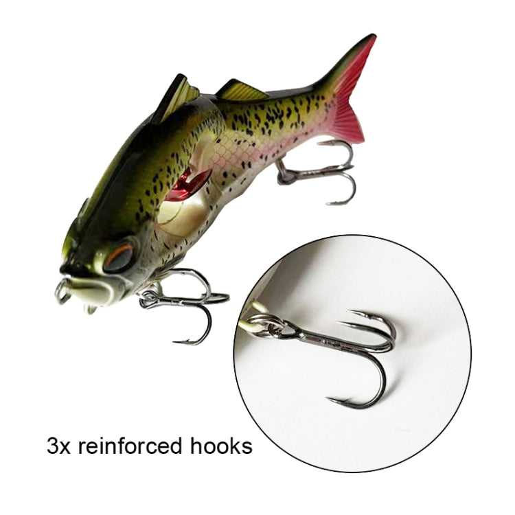 Fishing lure with multiple reinforced treble hooks, shown with close-up detail