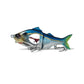Blue and silver multi-section fishing lure with red eye and metal treble hooks