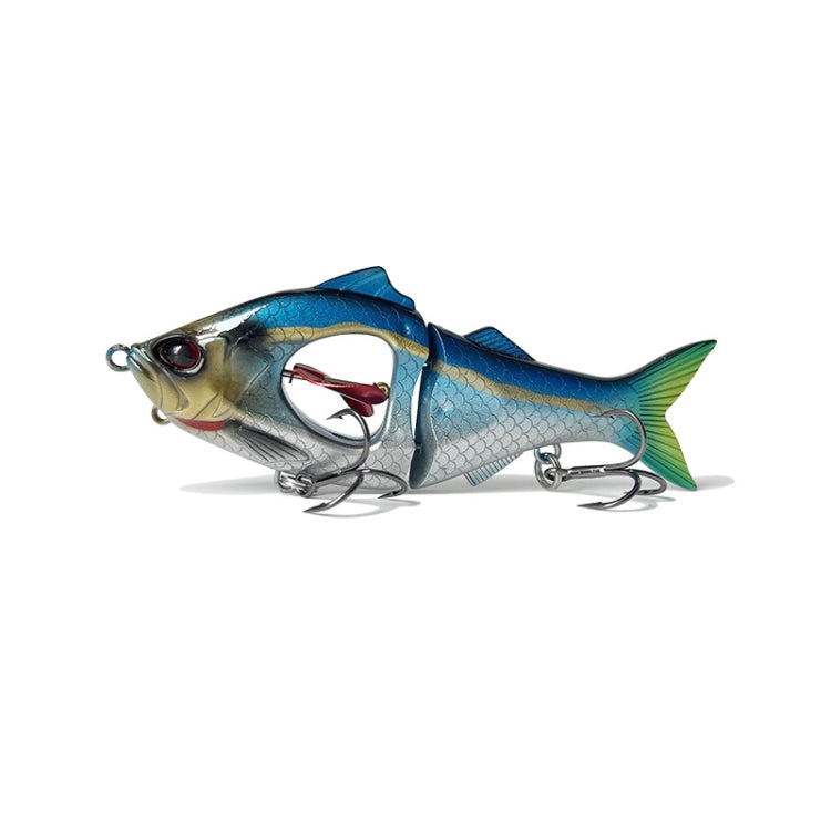 Blue and silver multi-section fishing lure with red eye and metal treble hooks