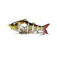 Yellow and white striped multi-section fishing lure with red eye and metal treble hooks
