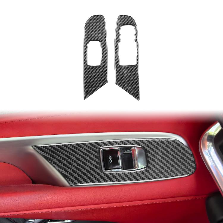 Carbon-fiber lift button trim sticker installed on red interior door panel