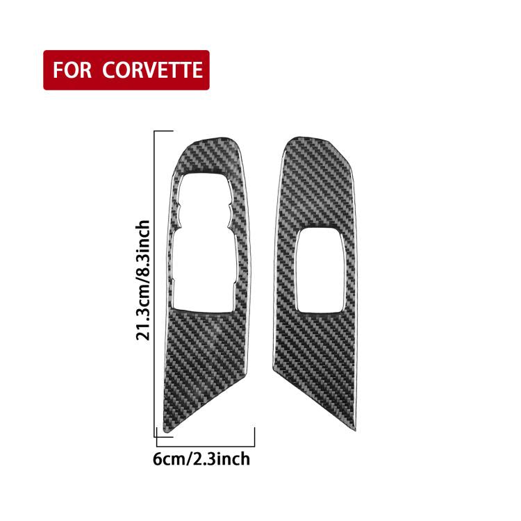 Two-piece carbon-fiber lift button trim sticker set, shown with size outline