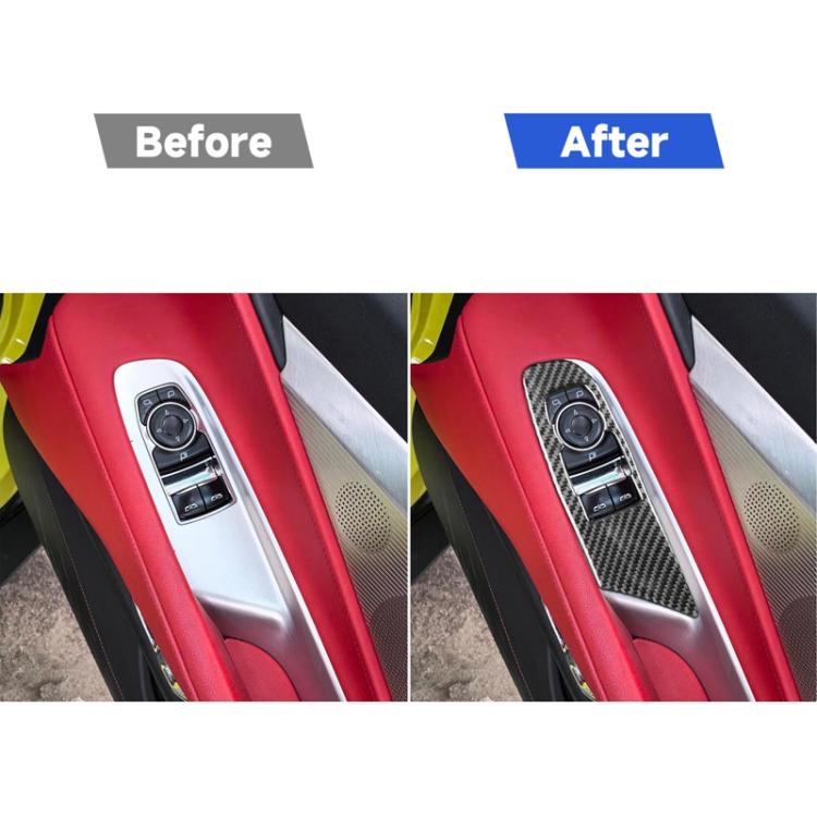 Before-and-after view of carbon-fiber lift button trim on door switch panel