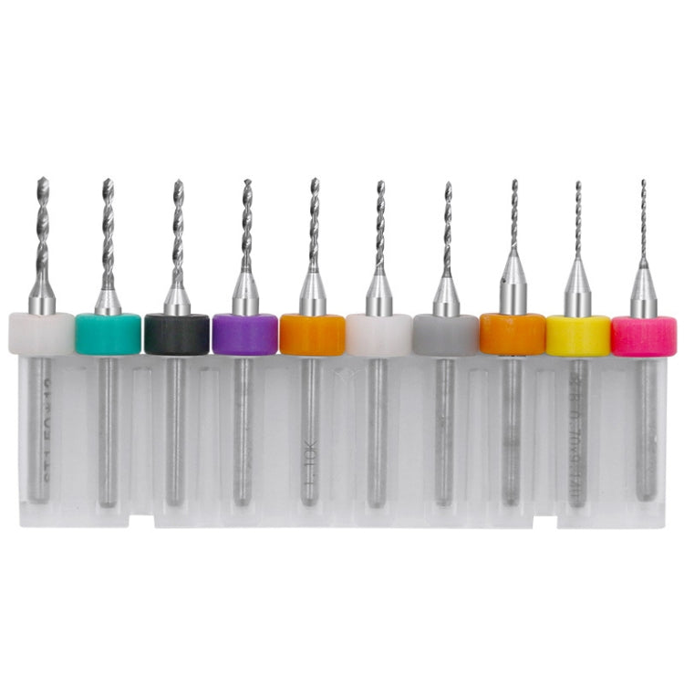 Set of small tungsten steel drill bits with colored collars in a clear tray
