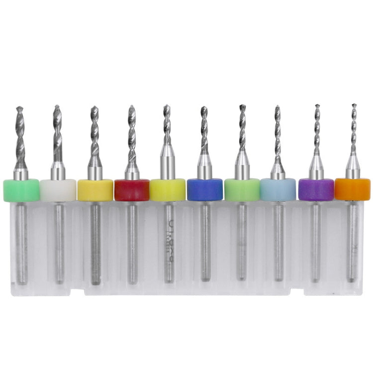 Mini tungsten steel drill bits kit with mixed colored collar rings on clear holder