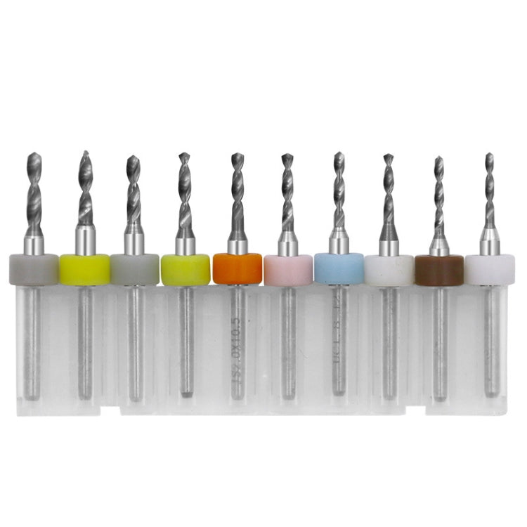 Small tungsten steel drill bits arranged in clear tray with colored collar tops