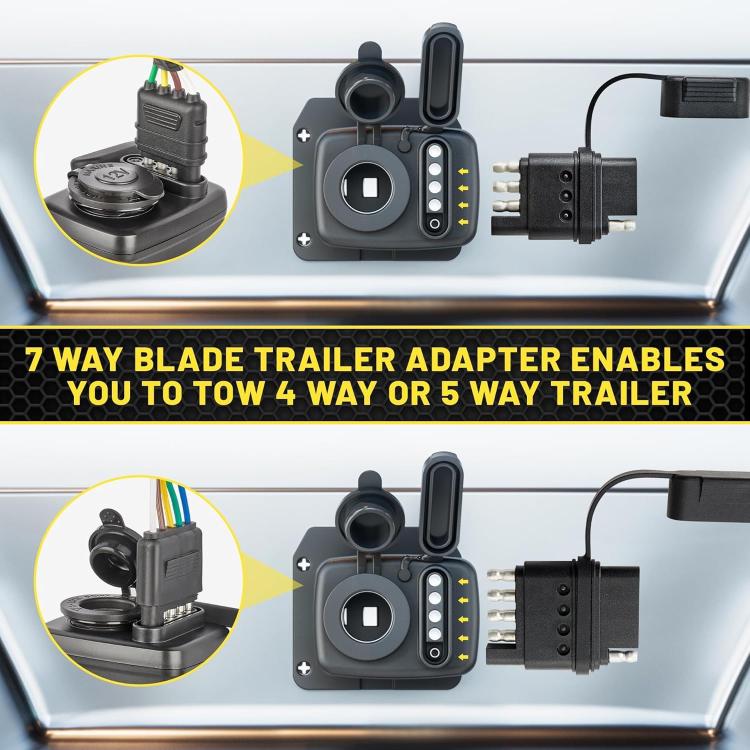 7-way blade trailer adapter with LED circuit tester and multi-pin connector ends