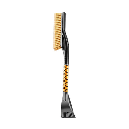 Removable snow brush with orange bristles on a black, foldable shovel head