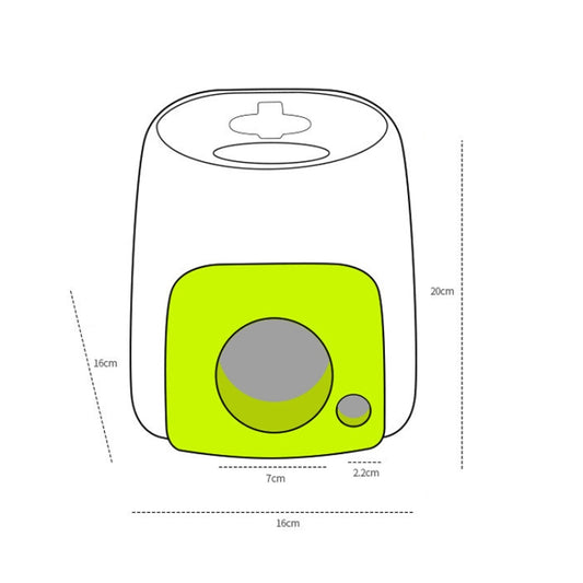 Green-and-white dog treat dispenser product design diagram with front opening