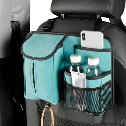 Blue car seat back tissue box storage bag with mesh pockets and hanging hooks
