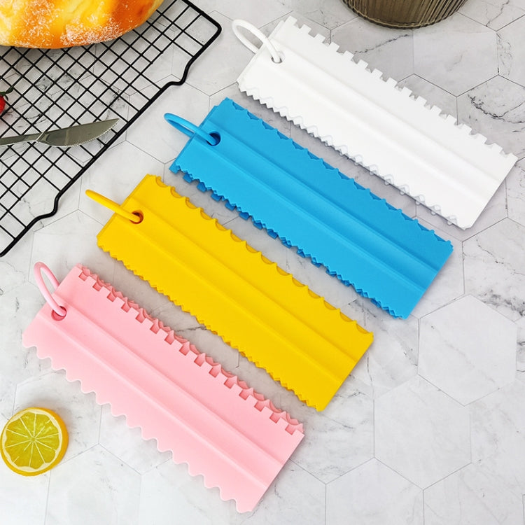 4-piece plastic cake flattener scrapers in white, yellow, sky blue, and pink