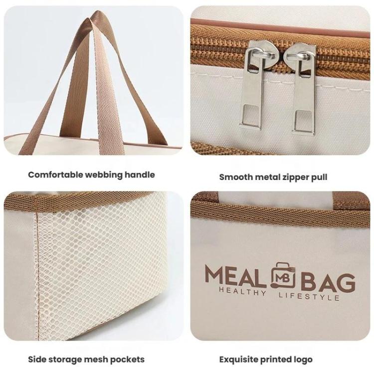 Cream lunch bag with brown handles, metal zipper pulls, and side storage mesh pockets