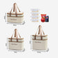 Cream insulated lunch bag in three sizes; dimensions shown with brown handles and zip-top