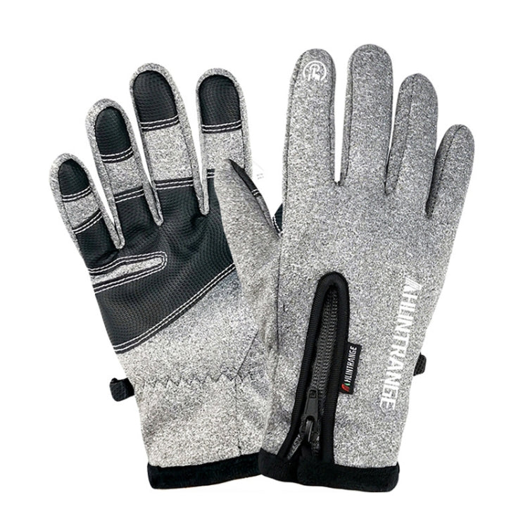 Light gray speckled touchscreen riding gloves with padded knuckles and wrist strap