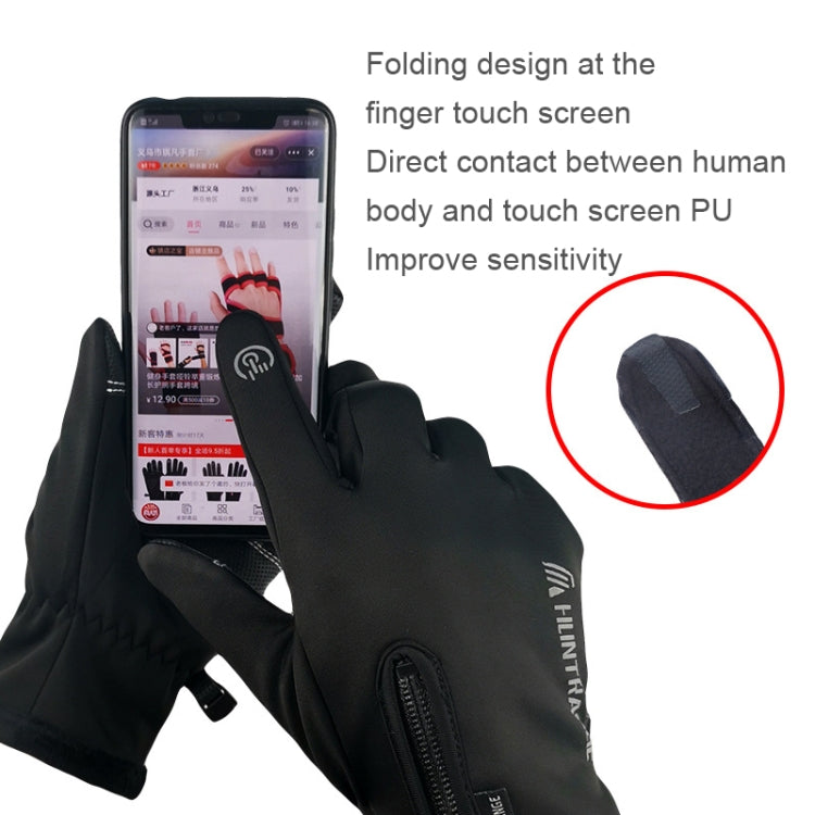Black riding gloves with folding finger touch-screen panel and front zipper