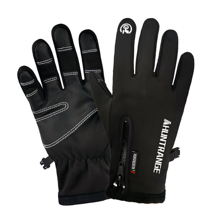 Black touchscreen riding gloves with contrast stitching and wrist closure strap