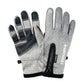 Light gray speckled touchscreen riding gloves with black cuff and wrist strap