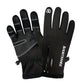 Black touchscreen riding gloves with touchscreen icon on thumb and wrist closure