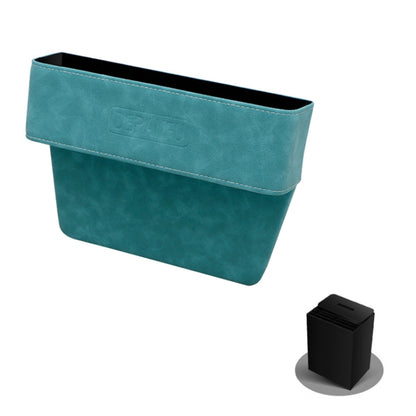 Turquoise car seat storage box with cup holder and open top, faux suede fur texture