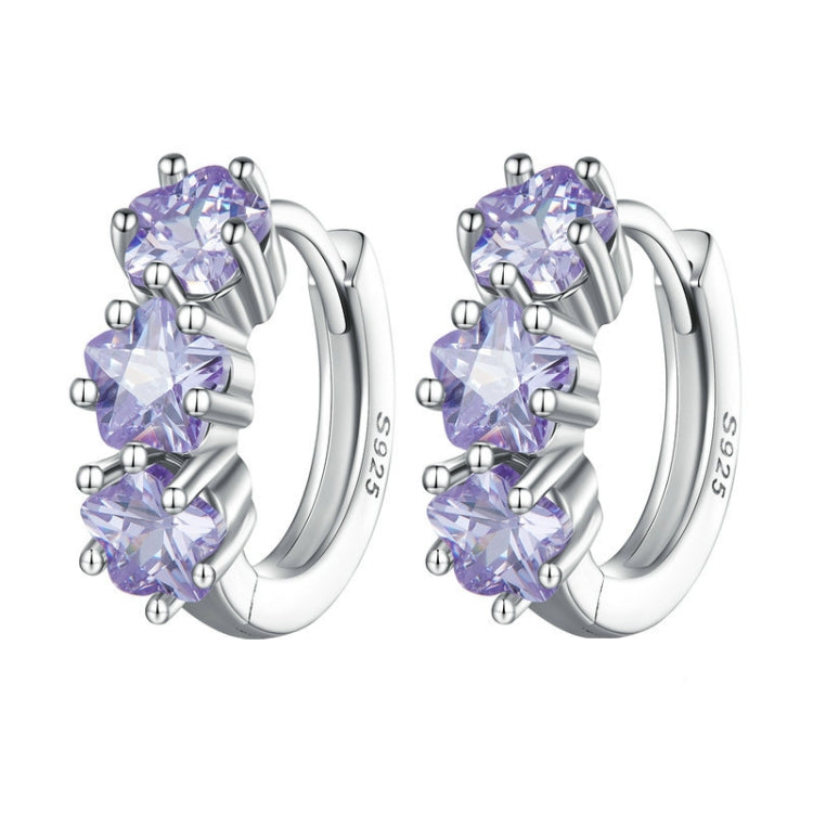 Purple zirconia three-stone hoop earrings, polished 925 silver